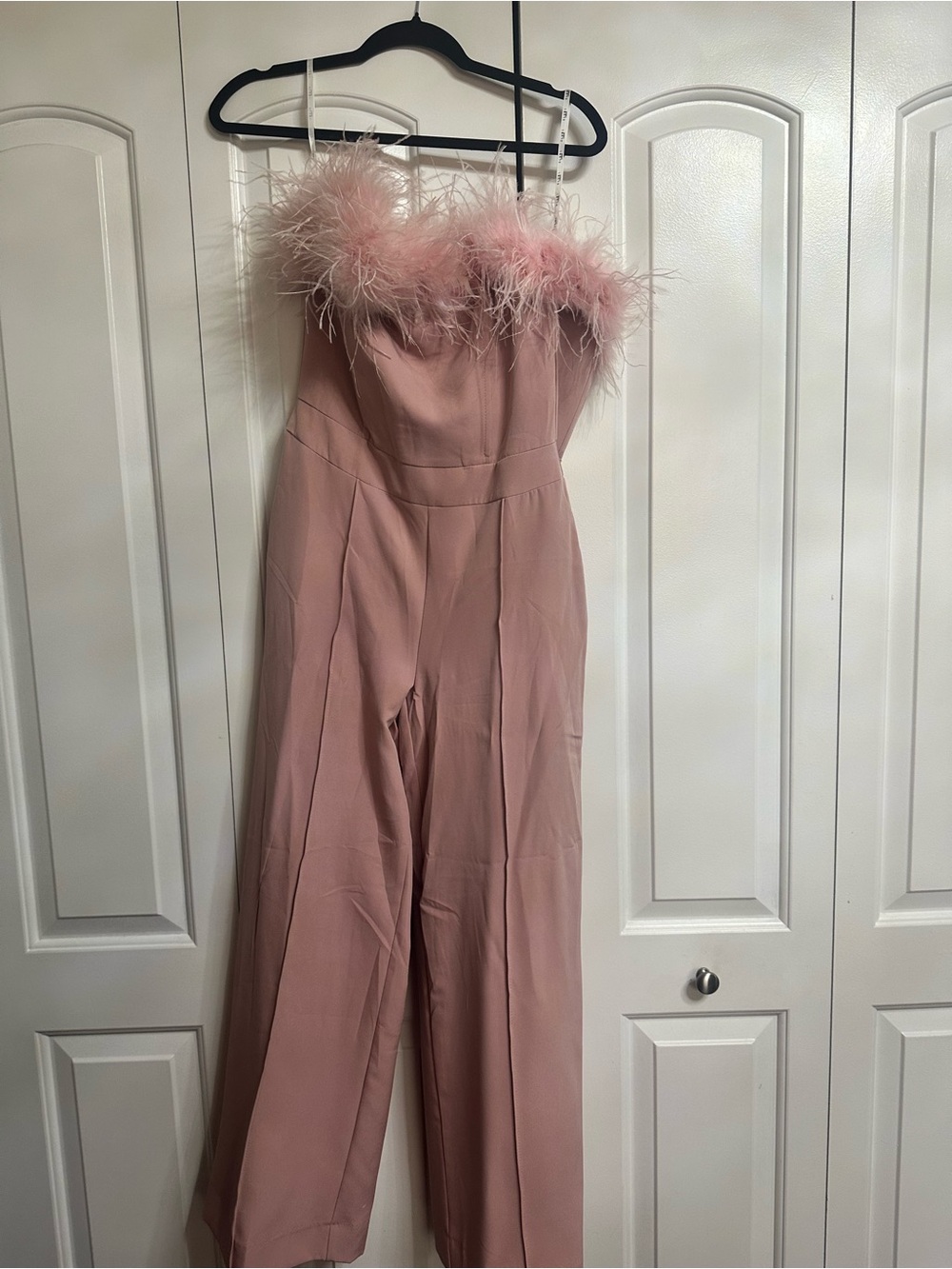 Club L London Blush Pink Feather-Trim Strapless Jumpsuit